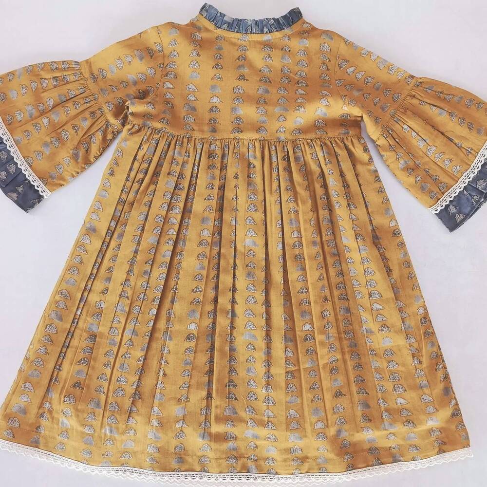 NEW YO BABY kid's printed bell-sleeves neck ruffle dress in yellow